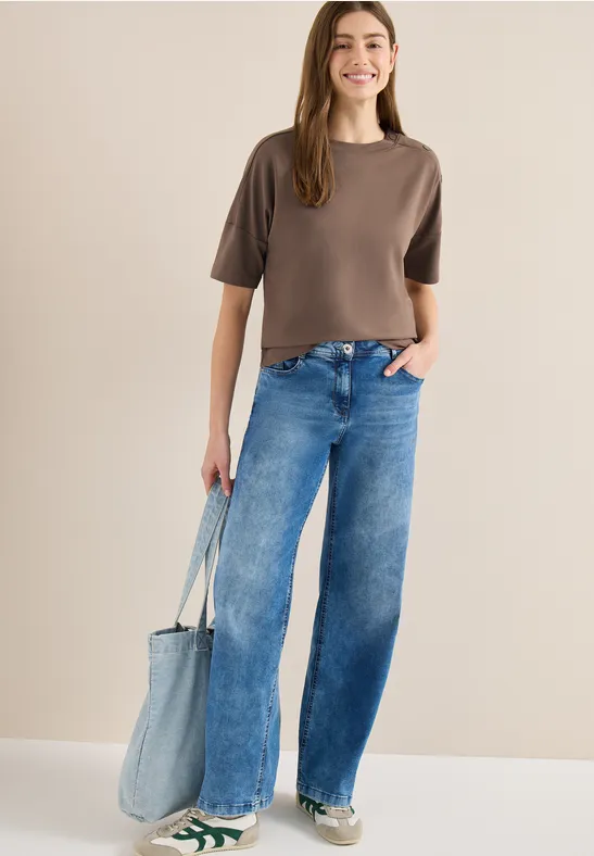 cecil Knopfdetail Rundhals Baumwolle-Modalmix Beige