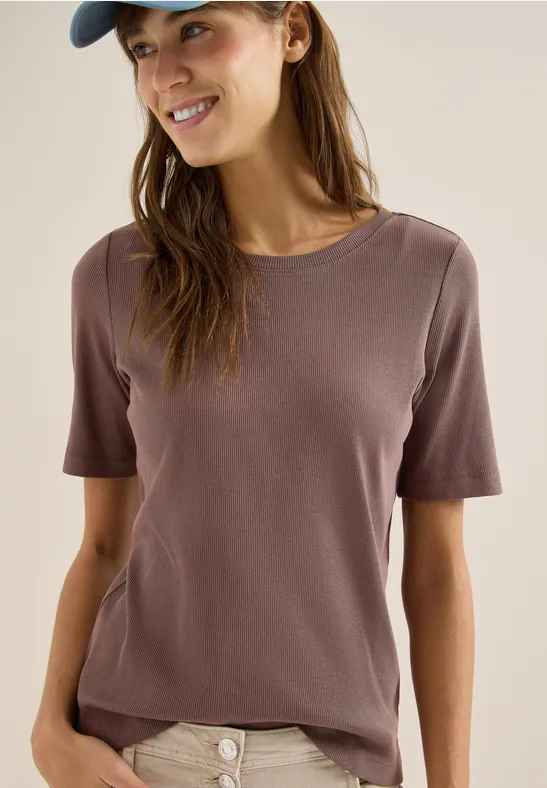 cecil T-Shirt Rippstruktur Rundhals Baumwolle Beige