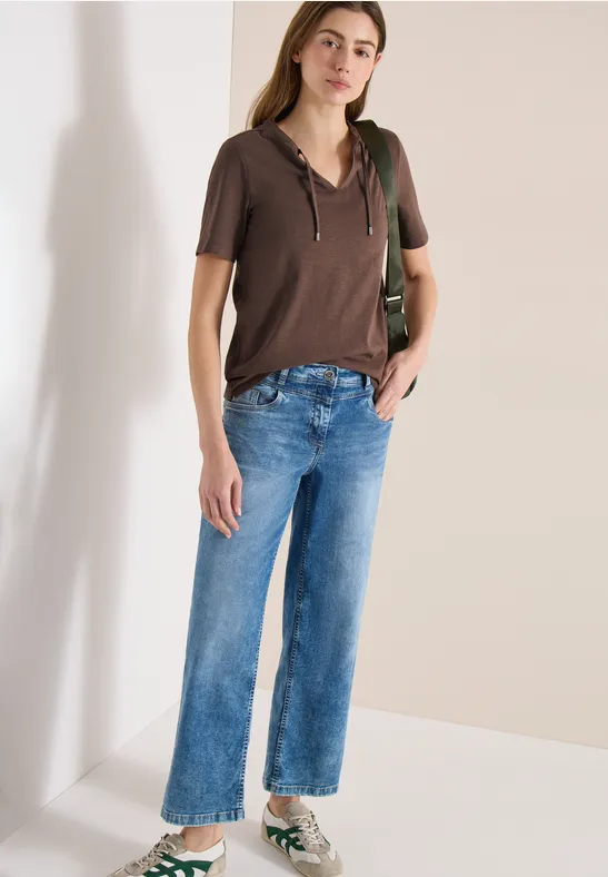 Thumbnail - Cecil Damen Kurzarm Shirt mit Split Neck in Beige, Gr: M