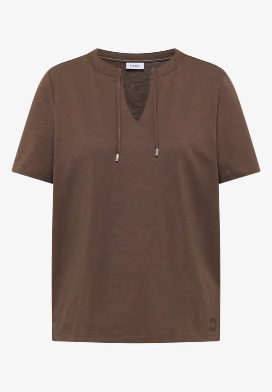 Thumbnail - Cecil Damen Kurzarm Shirt mit Split Neck in Beige, Gr: M