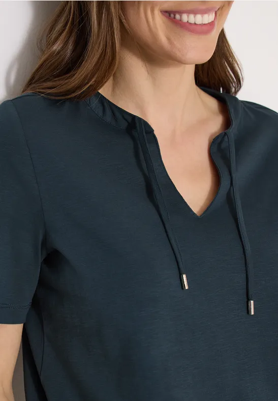 cecil Shirt Kurzarm Split Neck Baumwolle Blau