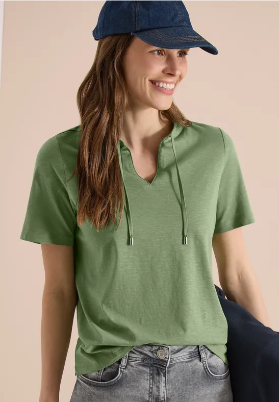 cecil Shirt Kurzarm Split Neck Baumwolle Grün