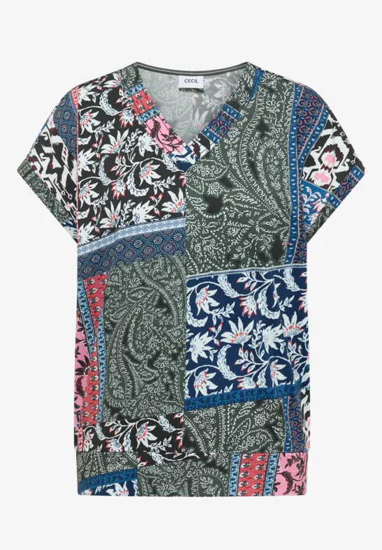 Thumbnail - Cecil Damen T-Shirt mit V-Neck und Patchwork-Print in Grün, Gr: M