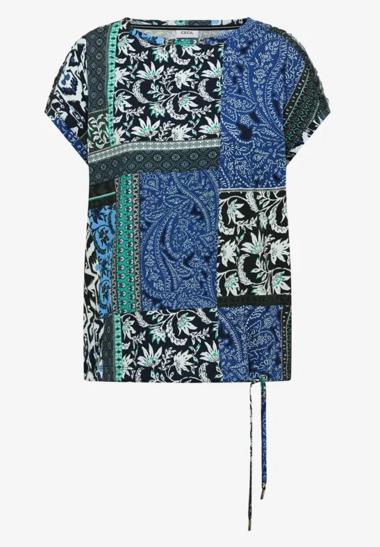 Thumbnail - Cecil Damen Shirt mit Boat Neck und Patchwork-Print in Blau, Gr: XXL