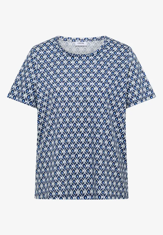 Thumbnail - Cecil Damen Basic T-Shirt mit Minimal Print in Blau, Gr: 3XL