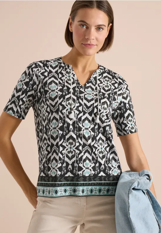 cecil T-Shirt Split Neck Print Baumwolle-Modal Grün