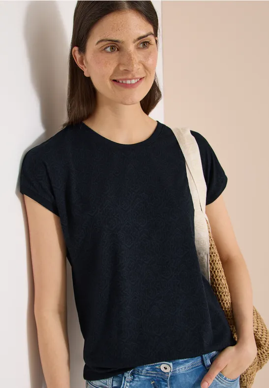 cecil T-Shirt Ausbrenner-Optik Jersey Polyester-Viskose Blau