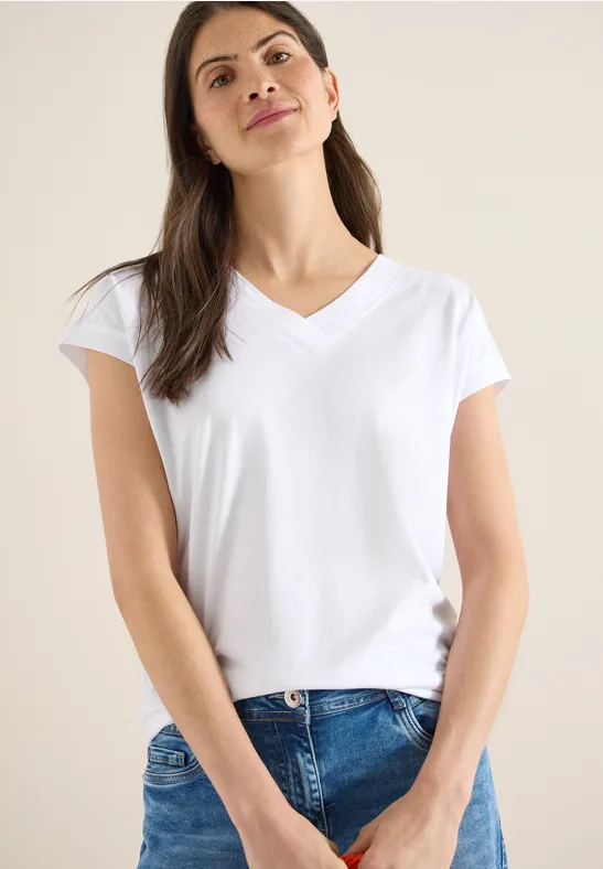 Thumbnail - Cecil Damen Kurzarm Shirt mit V-Neck in Unifarbe in Weiß, Gr: L