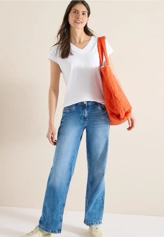 Kurzarm Shirt mit V-Neck in Unifarbe günstig online kaufen