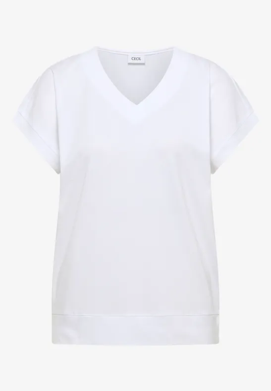 Thumbnail - Cecil Damen Kurzarm Shirt mit V-Neck in Unifarbe in Weiß, Gr: L