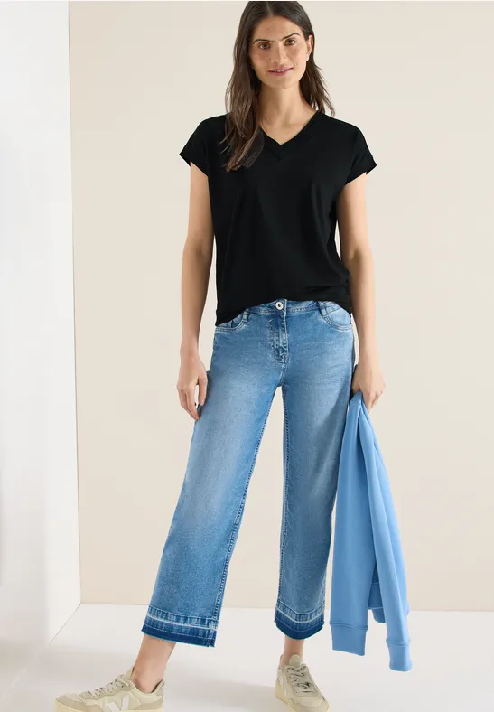 Thumbnail - Cecil Damen Kurzarm Shirt mit V-Neck in Unifarbe in Schwarz, Gr: L