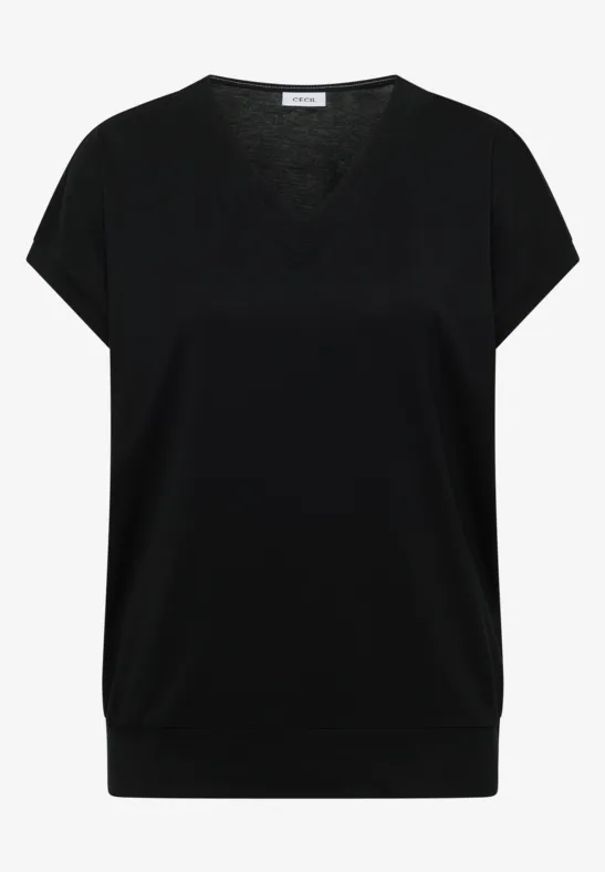 Thumbnail - Cecil Damen Kurzarm Shirt mit V-Neck in Unifarbe in Schwarz, Gr: L