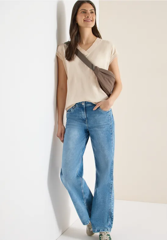 Thumbnail - Cecil Damen Kurzarm Shirt mit V-Neck in Unifarbe in Beige, Gr: L