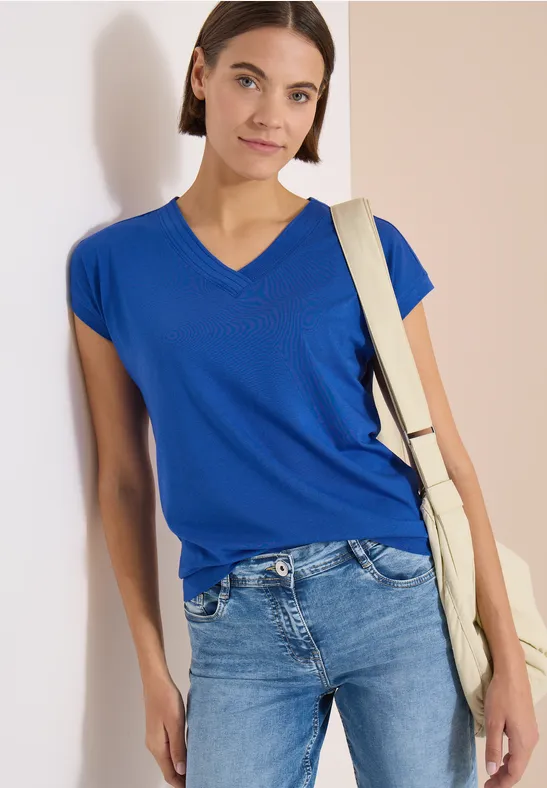 cecil Kurzarm Shirt V-Neck 50% Baumwolle/50% Modal Blau