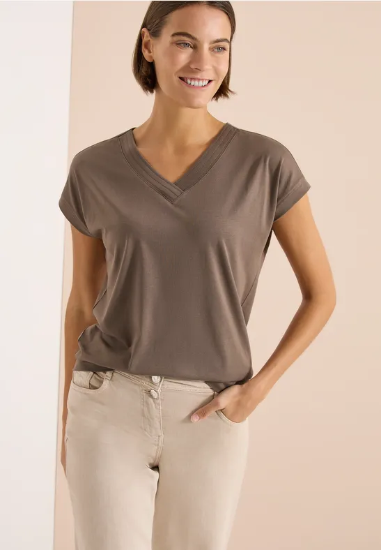 cecil Kurzarm Shirt V-Neck Baumwolle-Modal Beige