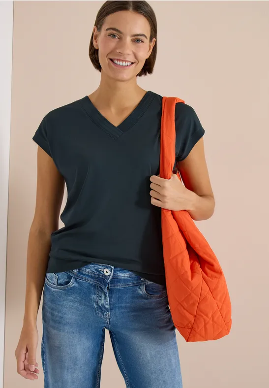 cecil Kurzarm Shirt V-Neck Baumwolle-Modal Blau