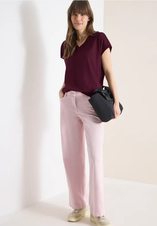 Thumbnail - Cecil Damen Kurzarm Shirt mit V-Neck in Unifarbe in Rot, Gr: XXL