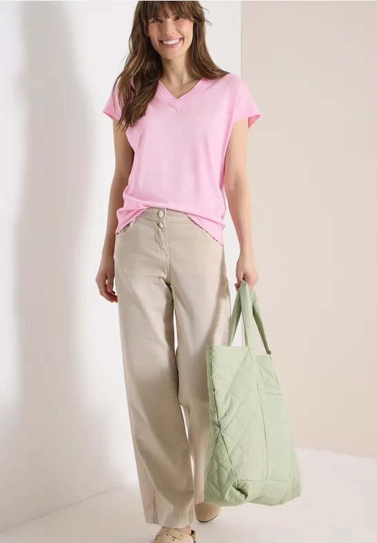 Thumbnail - Cecil Damen Kurzarm Shirt mit V-Neck in Unifarbe in Rosa, Gr: XS