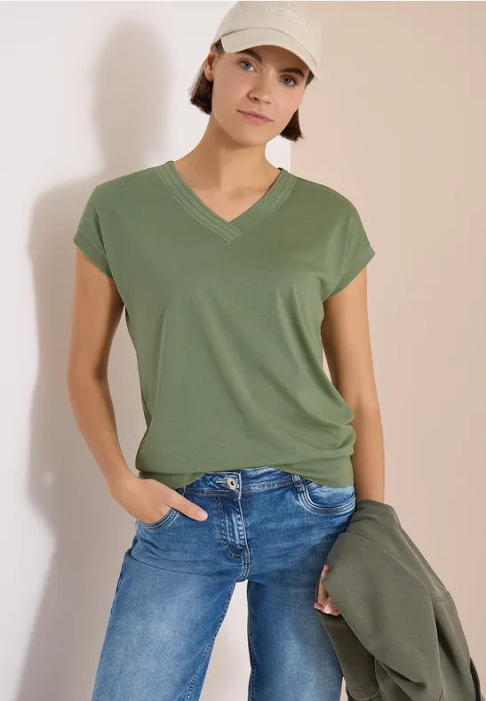 cecil V-Neck Kurzarm Shirt Baumwolle-Modal Grün
