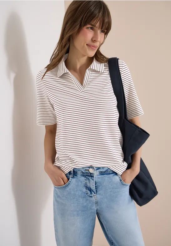 cecil Kurzarm Poloshirt Streifen Modal-Baumwolle-Elasthan Rot