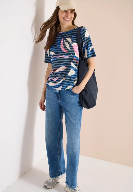 Thumbnail - Cecil Damen Kurzarm Shirt mit Ausbrennerstreifen in Blau, Gr: M