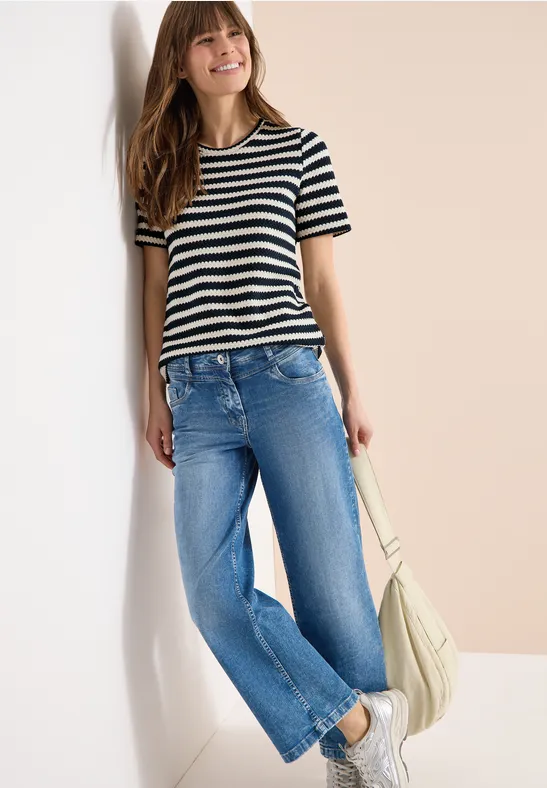 Thumbnail - Cecil Damen Shirt mit Rundhals im Ajour-Look in Blau, Gr: L