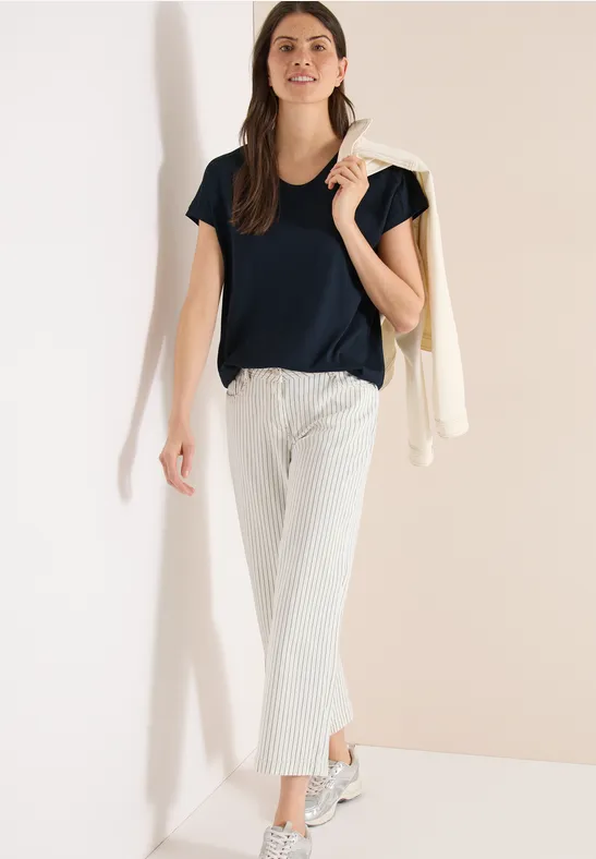 Thumbnail - Cecil Damen T-Shirt mit V-Neck und Spitzendetail in Blau, Gr: L