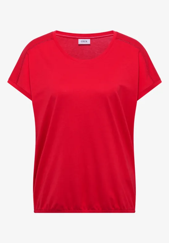 Thumbnail - Cecil Damen T-Shirt mit V-Neck und Spitzendetail in Rot, Gr: XXL