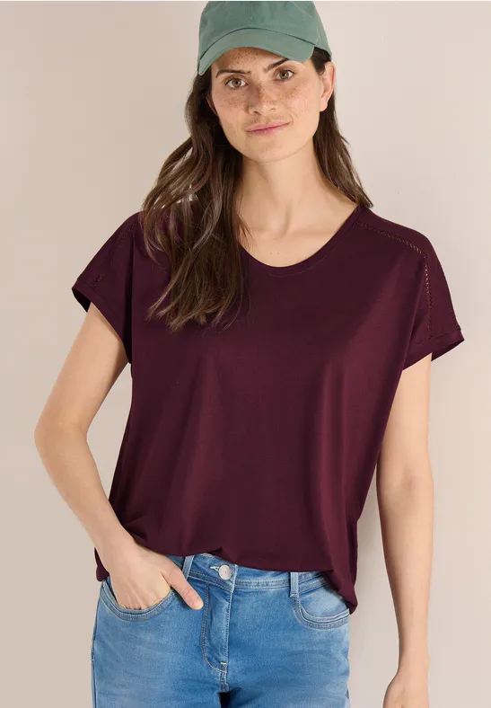 cecil T-Shirt V-Neck Spitzendetail Modal-Organic Cotton Rot