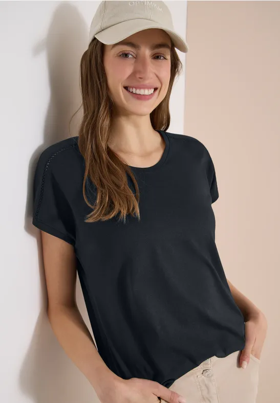 cecil T-Shirt V-Neck Spitzendetail Modal-Organic Cotton Grün