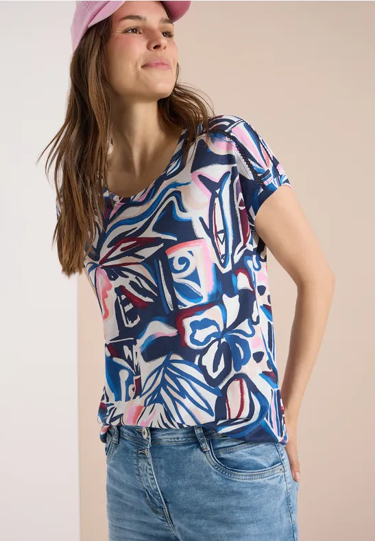 cecil Shirt Spitzendetail Multicolor Print Blau