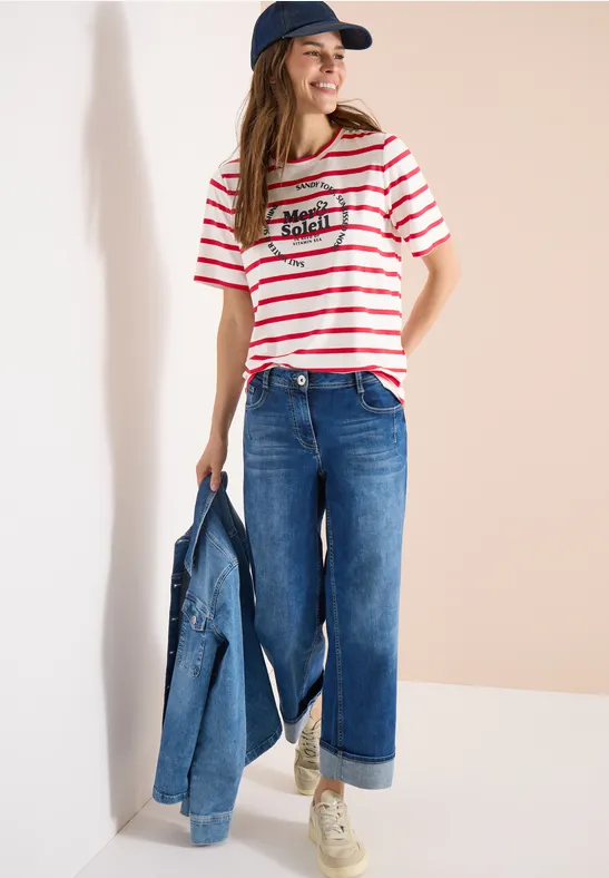 cecil Kurzarm Shirt Rundhals Streifen Viskose-Polyester-Metallised Fibr Rot