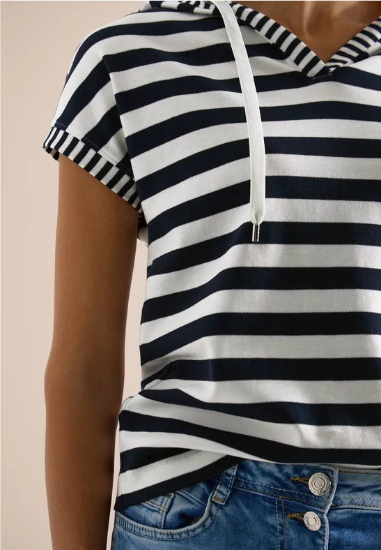 Kurzarm Shirt mit Kapuze und Streifen