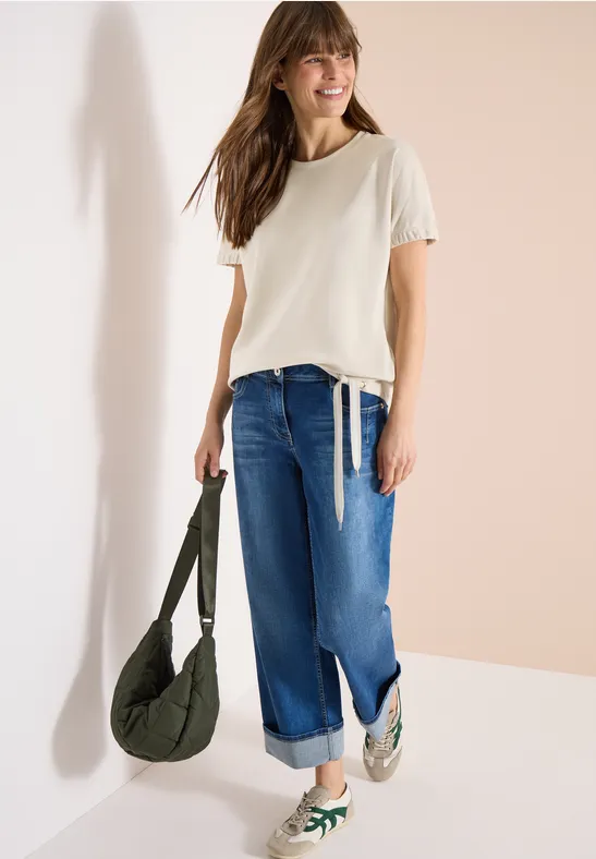 Thumbnail - Cecil Damen T-Shirt mit Rundhals und Raffung in Beige, Gr: L