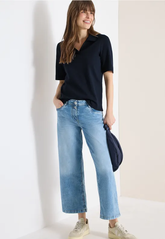 Thumbnail - Cecil Damen Kurzarm Poloshirt in Unifarbe in Blau, Gr: M