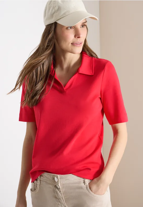 Thumbnail - Cecil Damen Kurzarm Poloshirt in Unifarbe in Rot, Gr: M