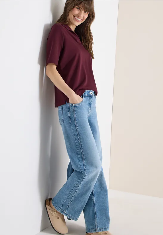 Thumbnail - Cecil Damen Kurzarm Poloshirt in Unifarbe in Rot, Gr: XS