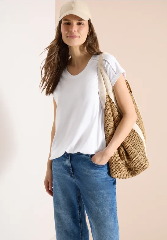 cecil T-Shirt V Neck Spitzendetail Organic Cotton-Modal Weiß