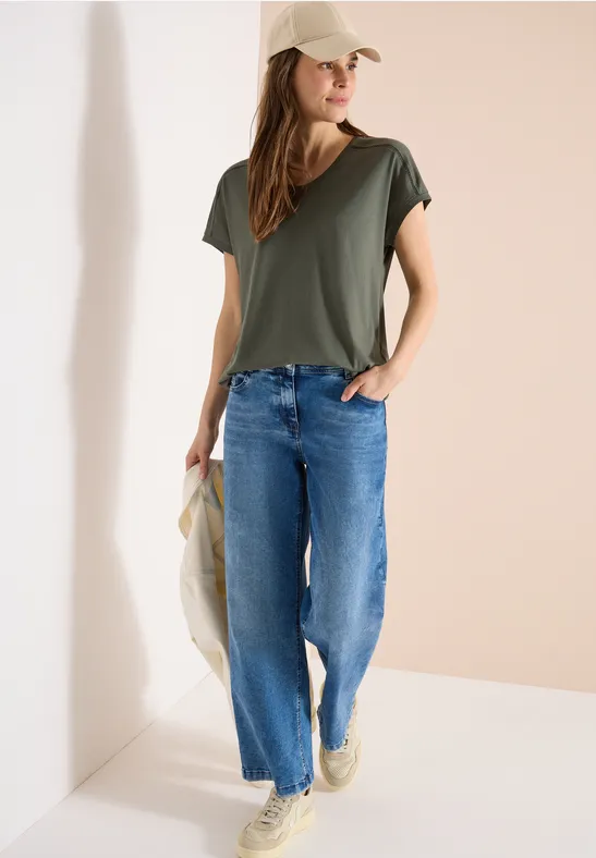 cecil T-Shirt V-Neck Spitzendetail Modal-Cotton Gruen