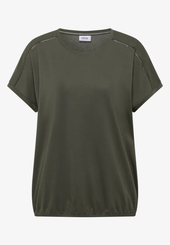 Thumbnail - Cecil Damen T-Shirt mit V-Neck und Spitzendetail in Grün, Gr: M
