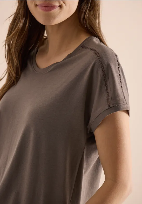 cecil T-Shirt V Neck Spitzendetail Organic Cotton-Modal Beige