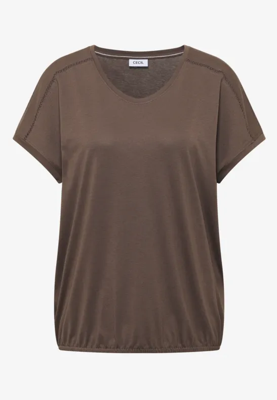 Thumbnail - Cecil Damen T-Shirt mit V-Neck und Spitzendetail in Beige, Gr: M