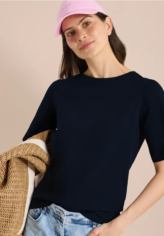 cecil Basic T-Shirt U-Boot-Ausschnitt Baumwolle-Elasthan Blau