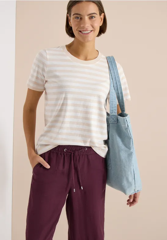 cecil T-Shirt Rundhals Streifen Baumwolle Beige