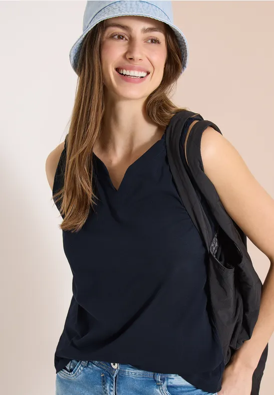 cecil Top Split Neck Baumwolle Blau