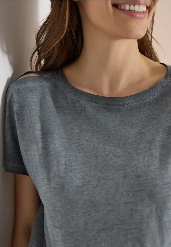 cecil T-Shirt Flammgarn U-Boot-Ausschnitt Kurzarm Baumwolle Grau