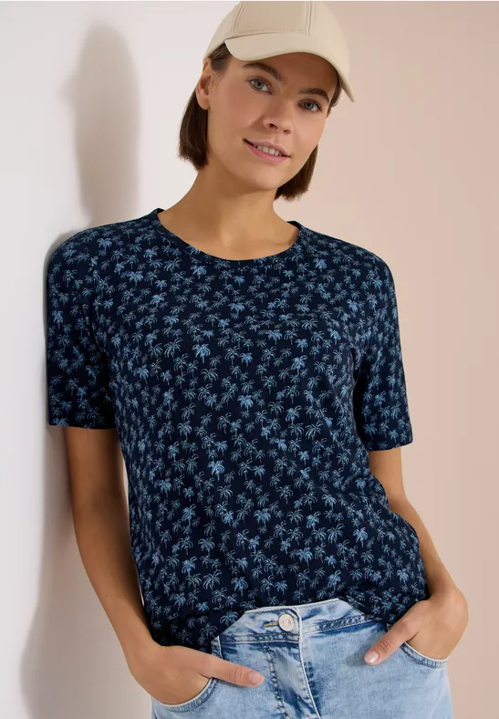 cecil Palmenprint T-Shirt Rundhals Blau