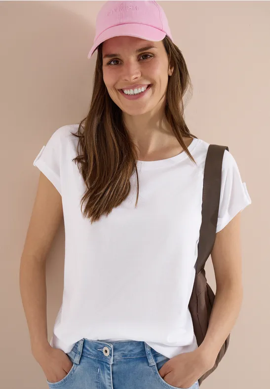 cecil T-Shirt Rundhals Turn-Up-Detail Modal-Baumwolle Weiß