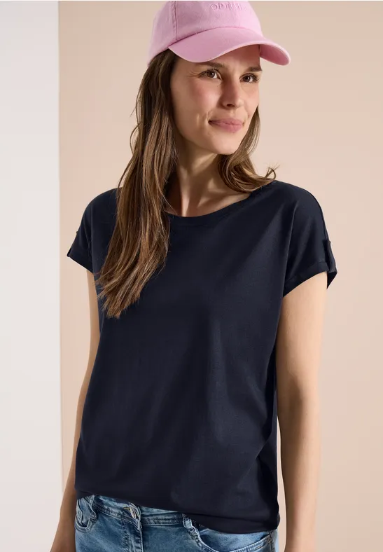 cecil T-Shirt Rundhals Turn-Up-Detail Modal-Baumwolle Blau