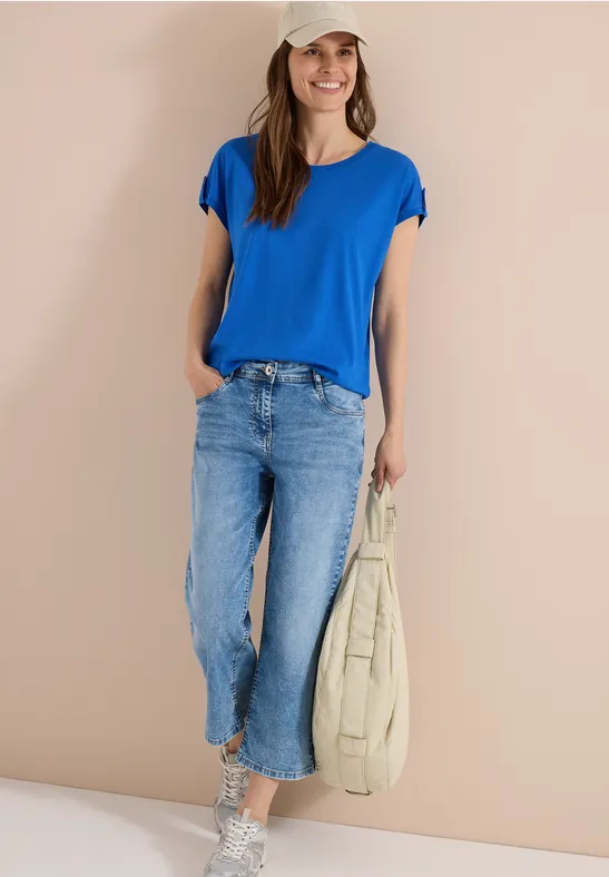 cecil T-Shirt Rundhals Turn-Up-Detail Modal-Baumwolle Blau